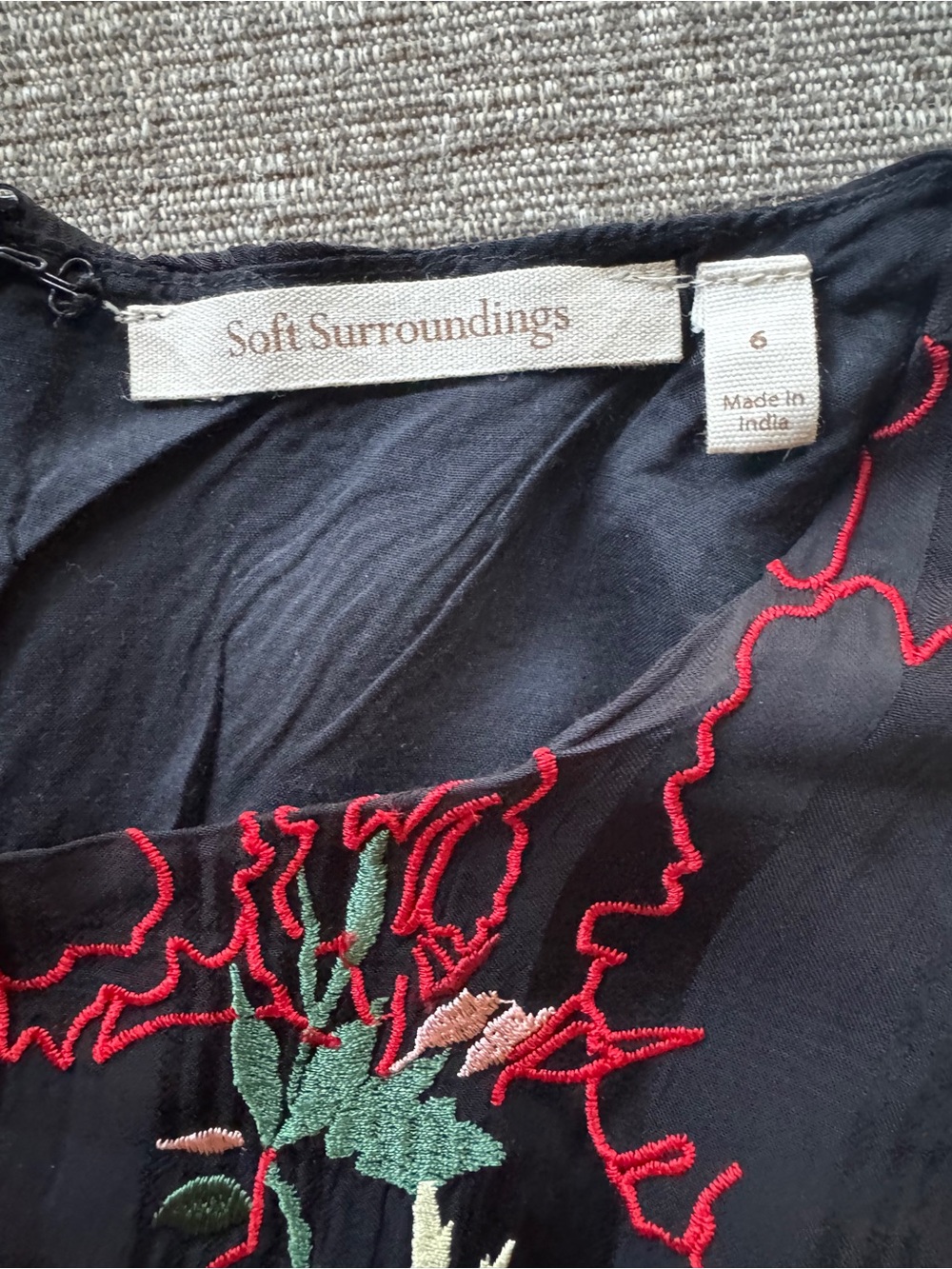 Soft Surroundings Black Midi Dress with Pink, Cream & Red Floral Embroidery - Picture 3 of 3